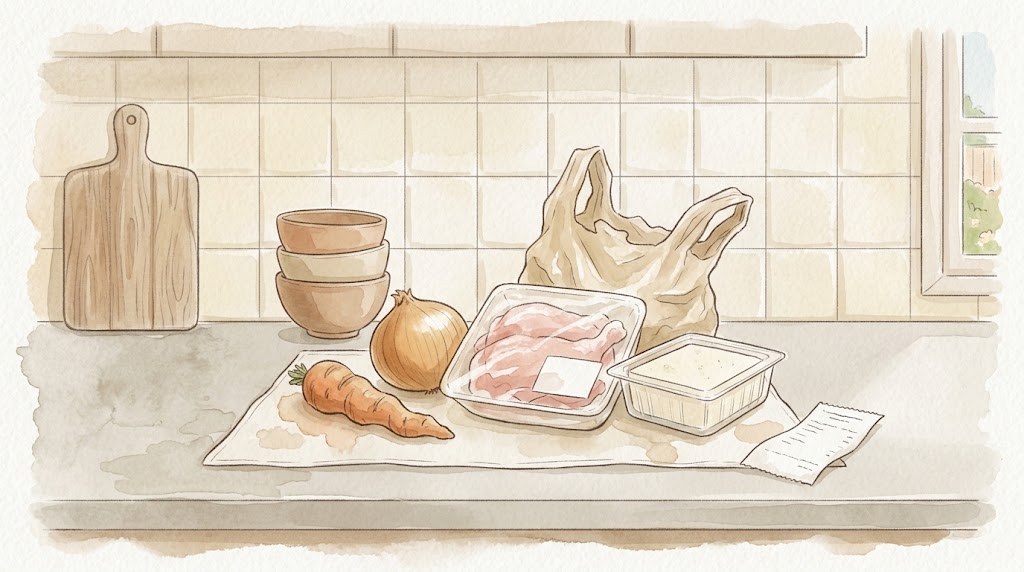 スーパーの袋から出した食材を調理台に並べたところ