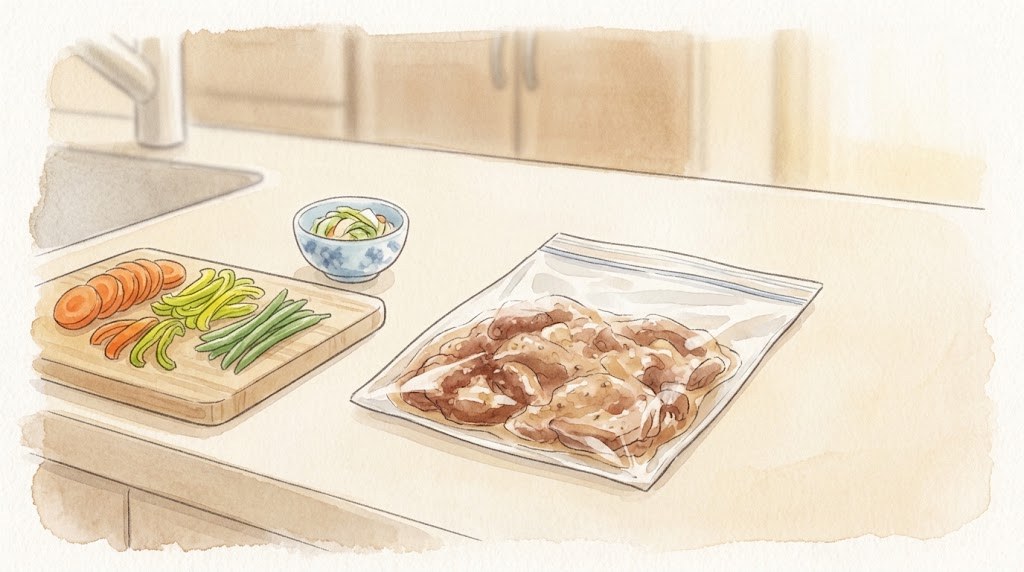 下味をつけた肉の保存袋と、切った野菜をのせたまな板