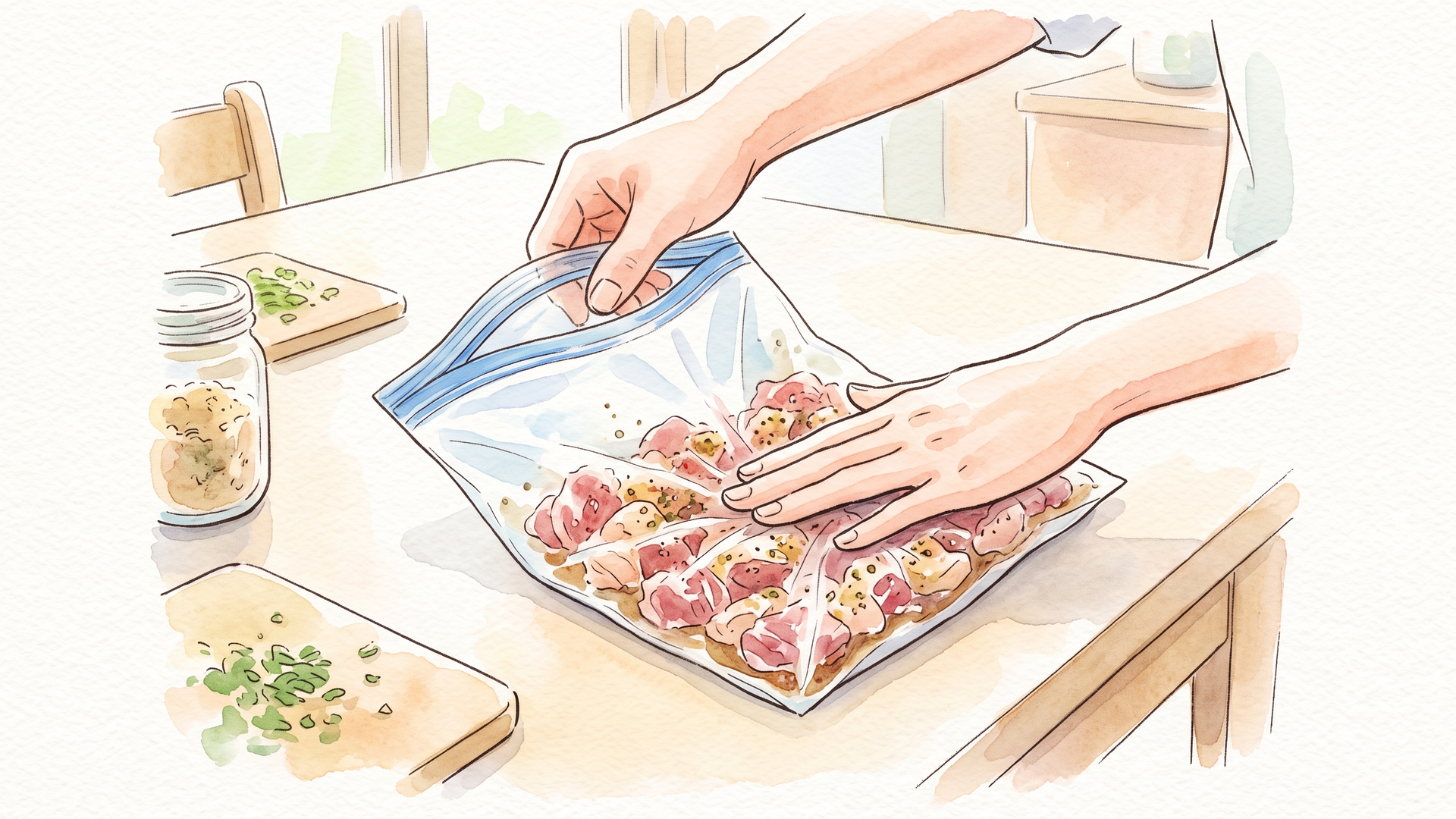 下味をつけた肉を保存袋に入れて平らにならす様子