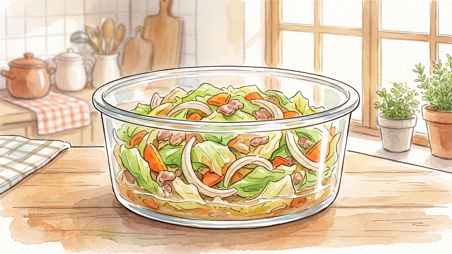 キャベツと豚肉を炒めて保存容器に詰めたところ