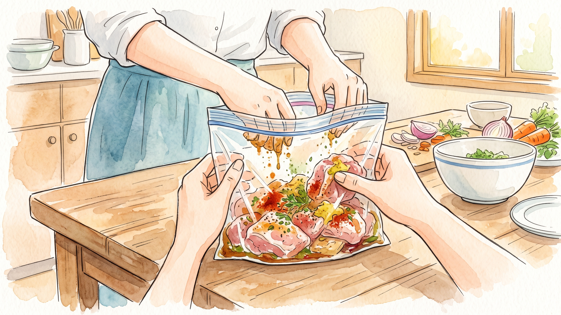 コンロで炒め物を作り、そのまま保存容器に取り分ける様子