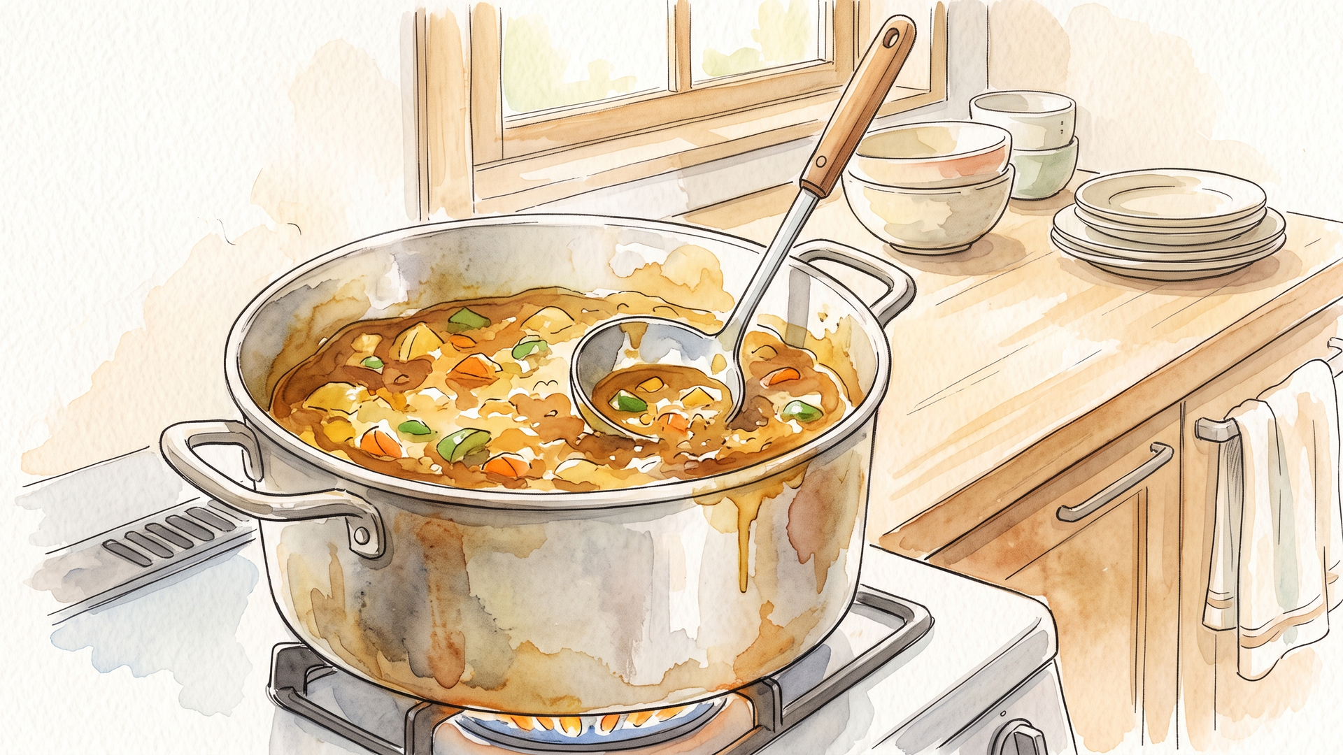 大きな鍋で煮込み料理を作っているところ