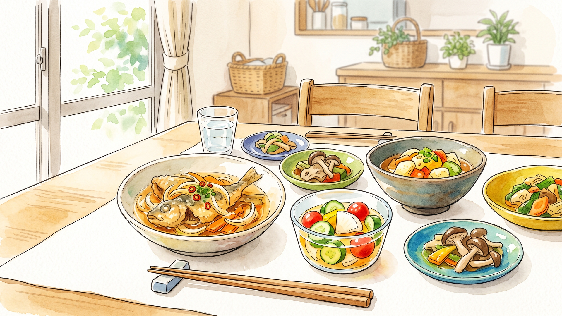 焼き魚を中心に小鉢を並べた食卓