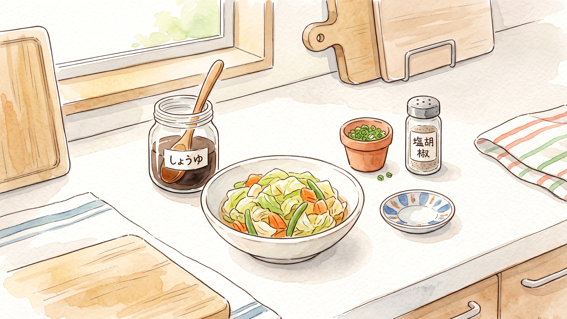 しょうゆと塩胡椒を添えた、シンプルな味付けの副菜