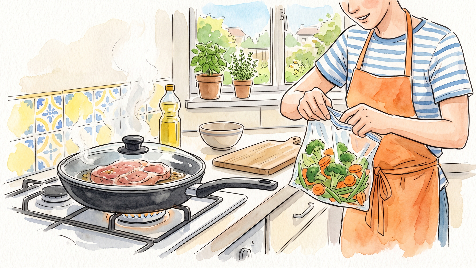 フライパンで肉を焼きながら、カット野菜の袋を手に取る様子