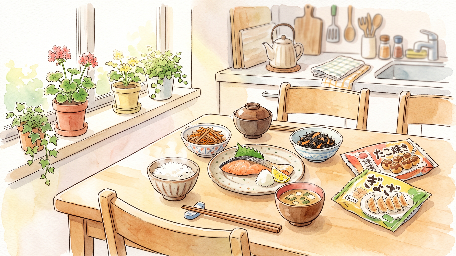 食卓に和食の献立が並び、冷凍食品の袋が添えられている様子