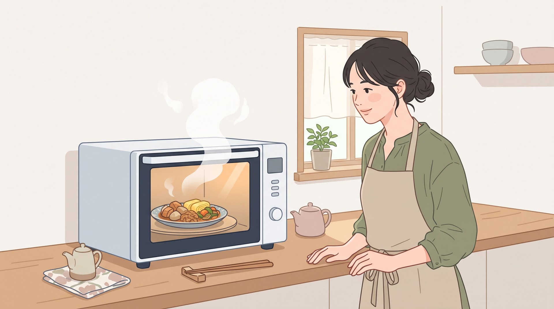 電子レンジで作り置きのおかずを温め直しているところ