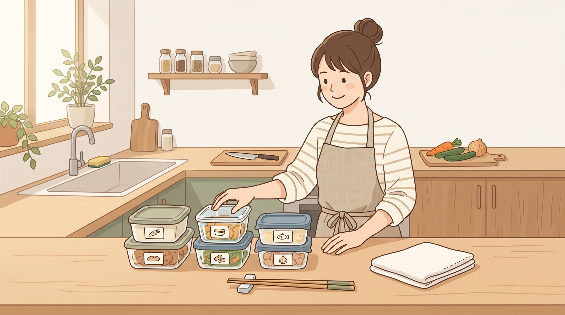 保存容器と清潔なふきんを用意して作り置きを始めるところ
