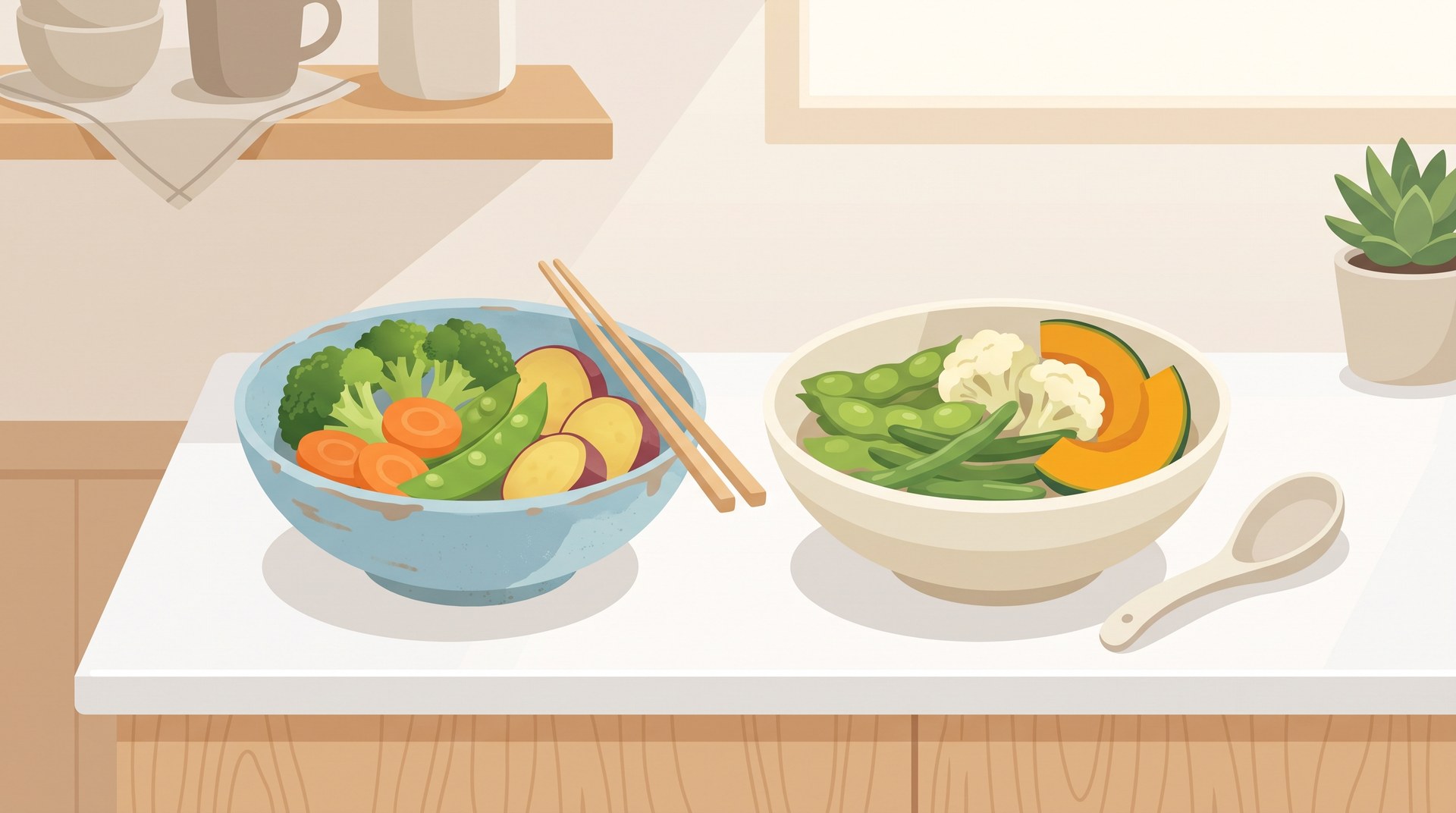ゆでた野菜と電子レンジで加熱した野菜を器に分けて並べたところ