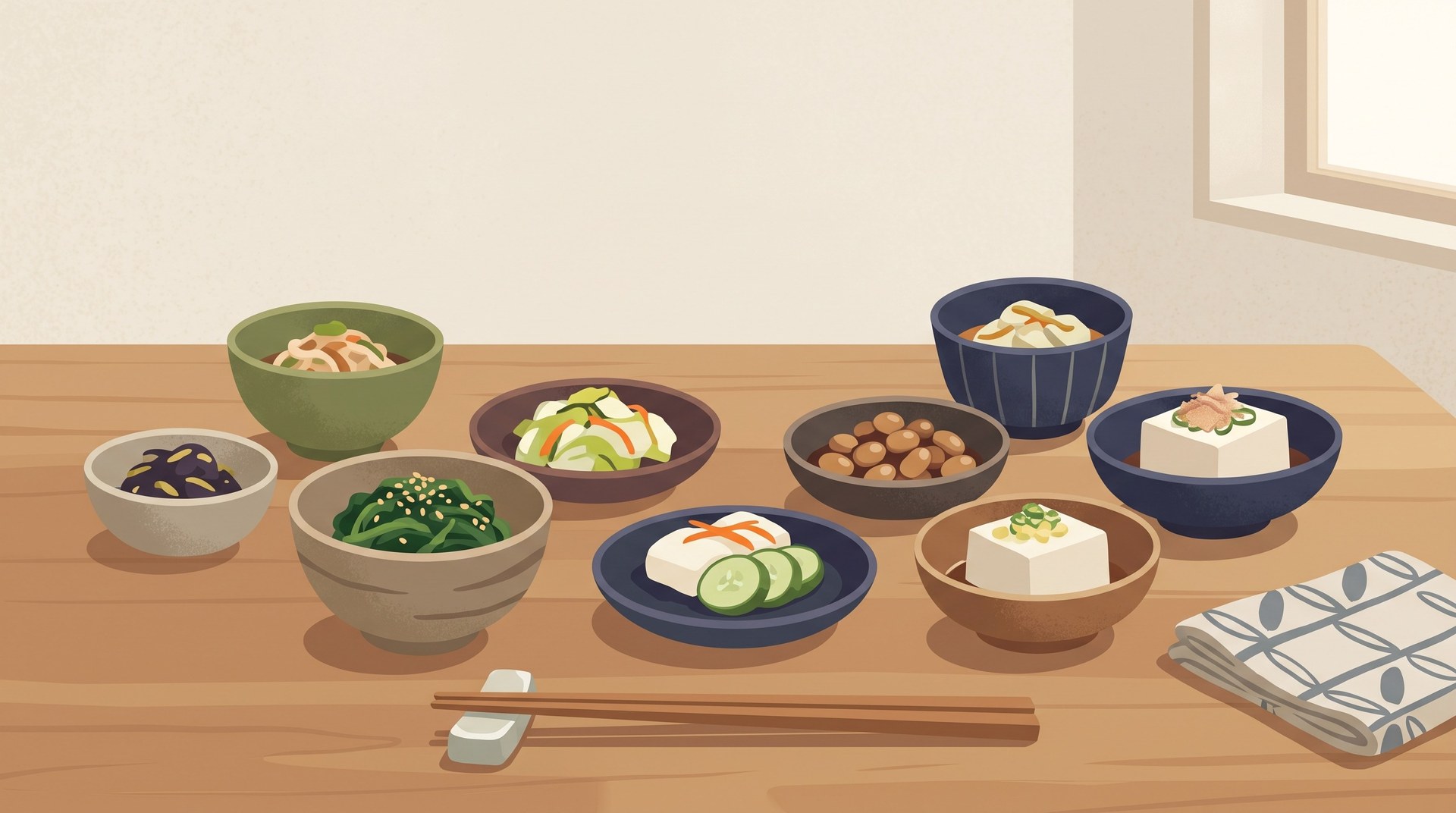 冷たいまま食べる副菜が小鉢に盛り付けられて食卓に並んでいる様子