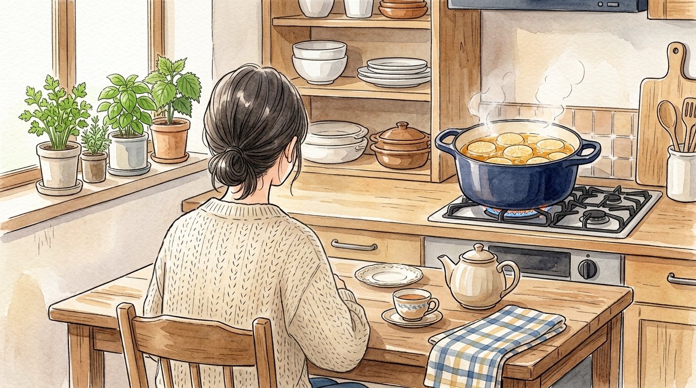 コンロの鍋で輪切り大根を煮ているそばで、食卓に座ってお茶を飲んでいる人の後ろ姿