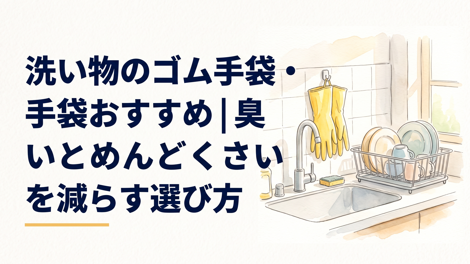 キッチンのシンク横のフックに吊るした炊事用ゴム手袋と、洗い終えた食器かご。窓から明るい光が入っている