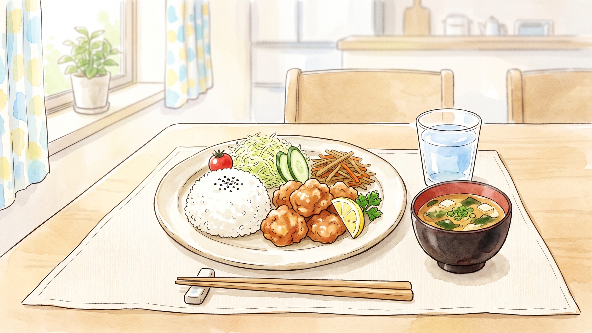 ワンプレートに盛りつけたごはん・おかず・サラダと、汁物のお椀