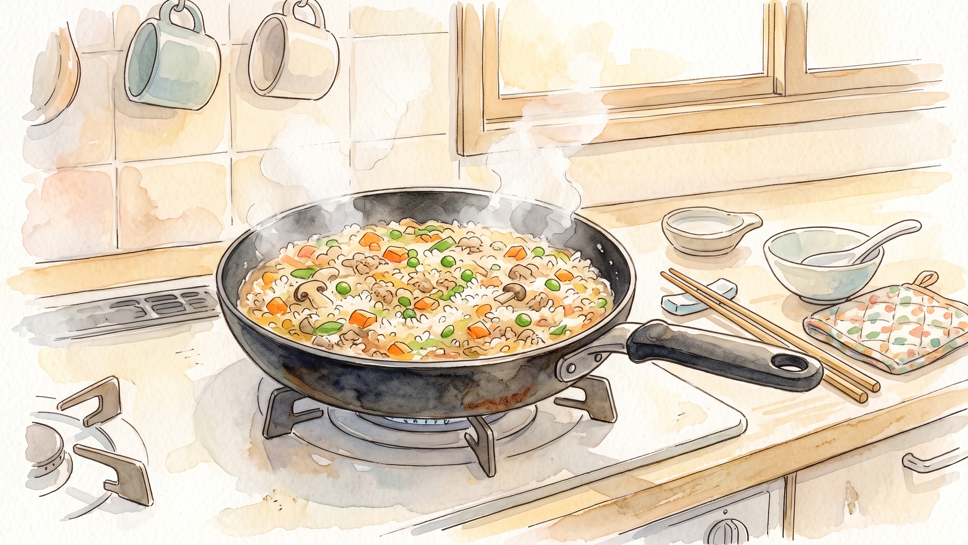 コンロのフライパンで、具だくさんの炒めごはんを火にかけているところ