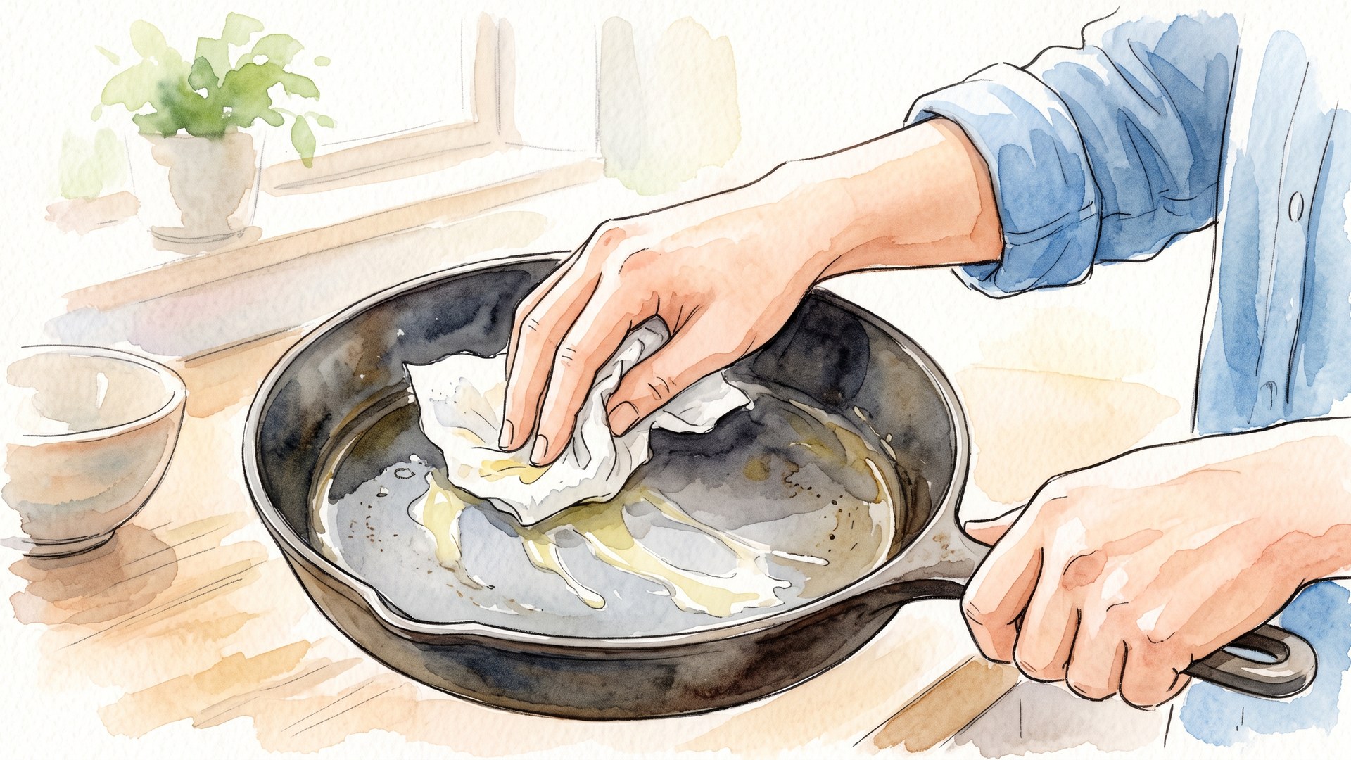 調理を終えたフライパンに残った油を、キッチンペーパーで拭き取っている手元