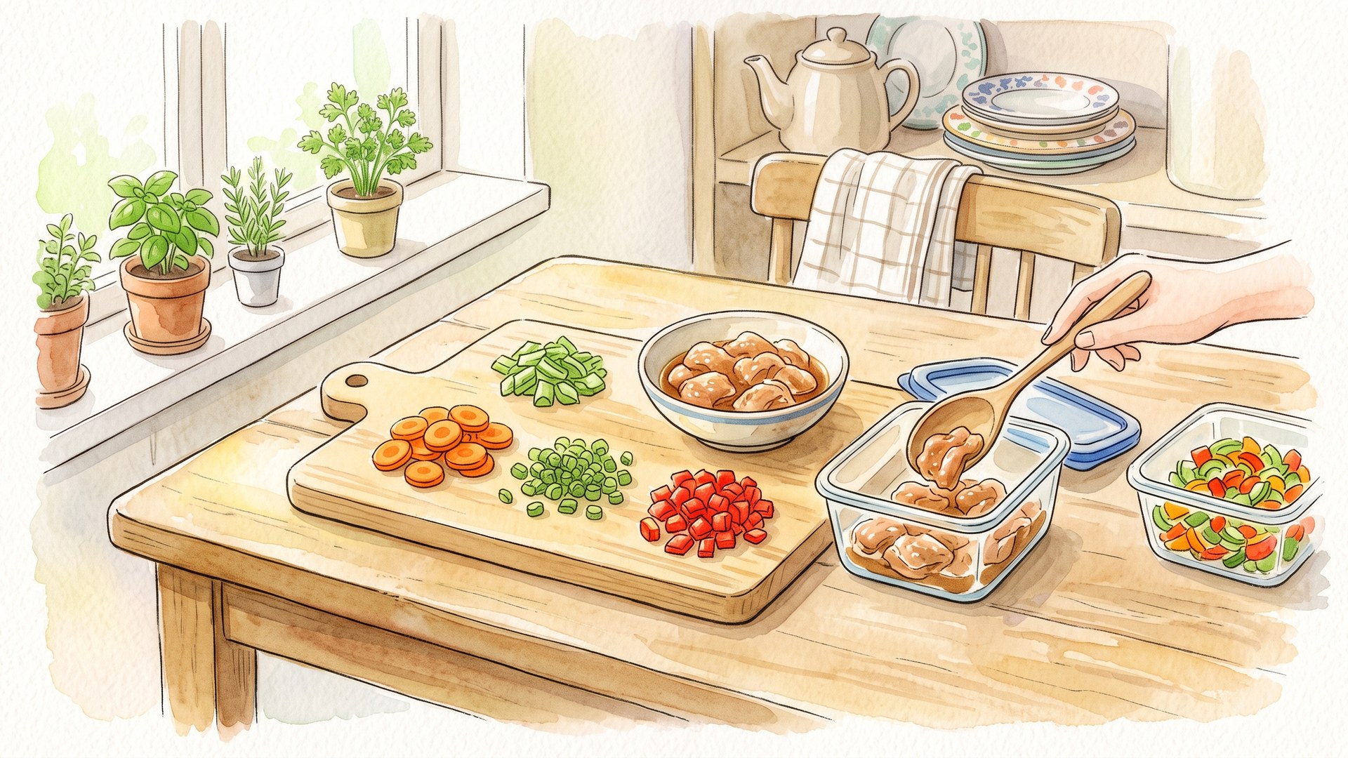 まな板に刻んだにんじん・小ねぎ・赤パプリカが並び、下味をつけた肉を木のスプーンで保存容器に移している手元