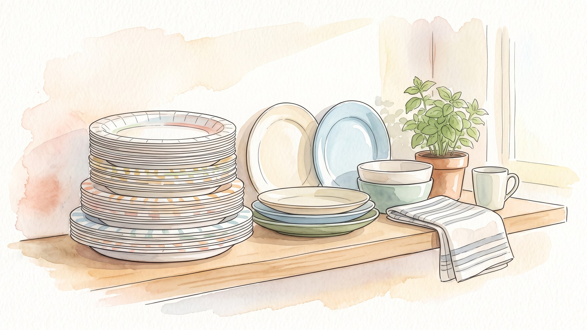 棚に積み上げた紙皿の束と、奥に立てかけた陶器の皿やボウル、脇に掛けた縞の布巾