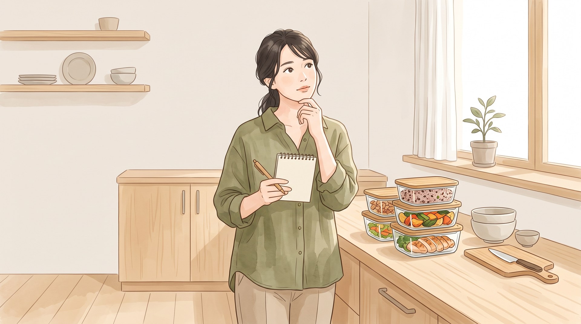 メモ帳を手に、週末に作る分を考えているところ。カウンターに作り置きの保存容器