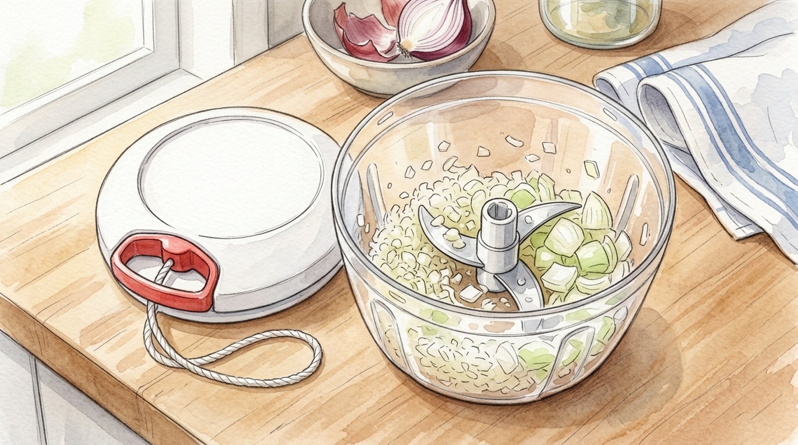 紐を引くタイプのみじん切り器のフタを外したところ。容器の中の刻んだ野菜は粒の大きさがそろっていない
