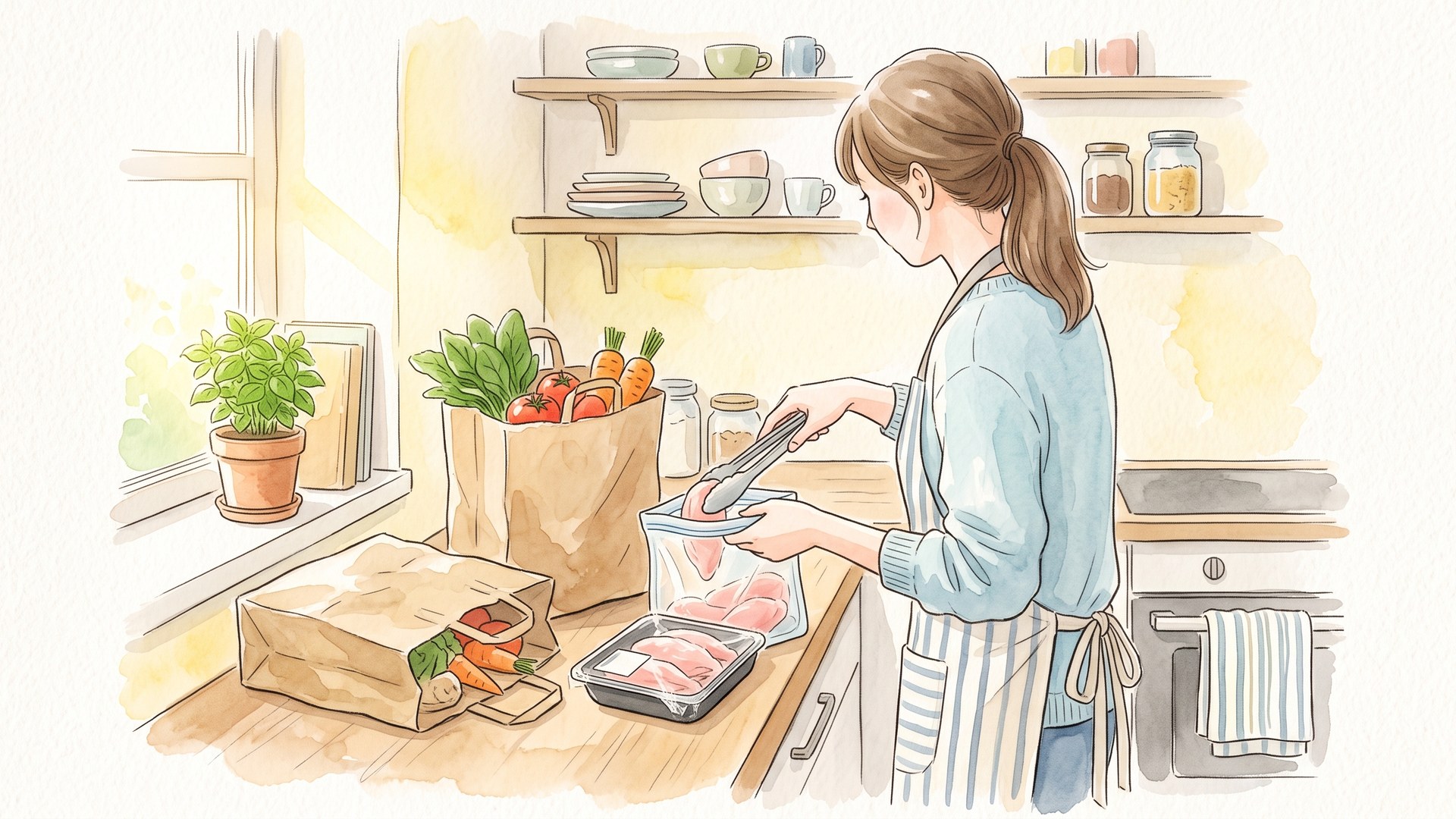買い物袋の横で、パックの肉をトングで冷凍用保存袋に移しているところ