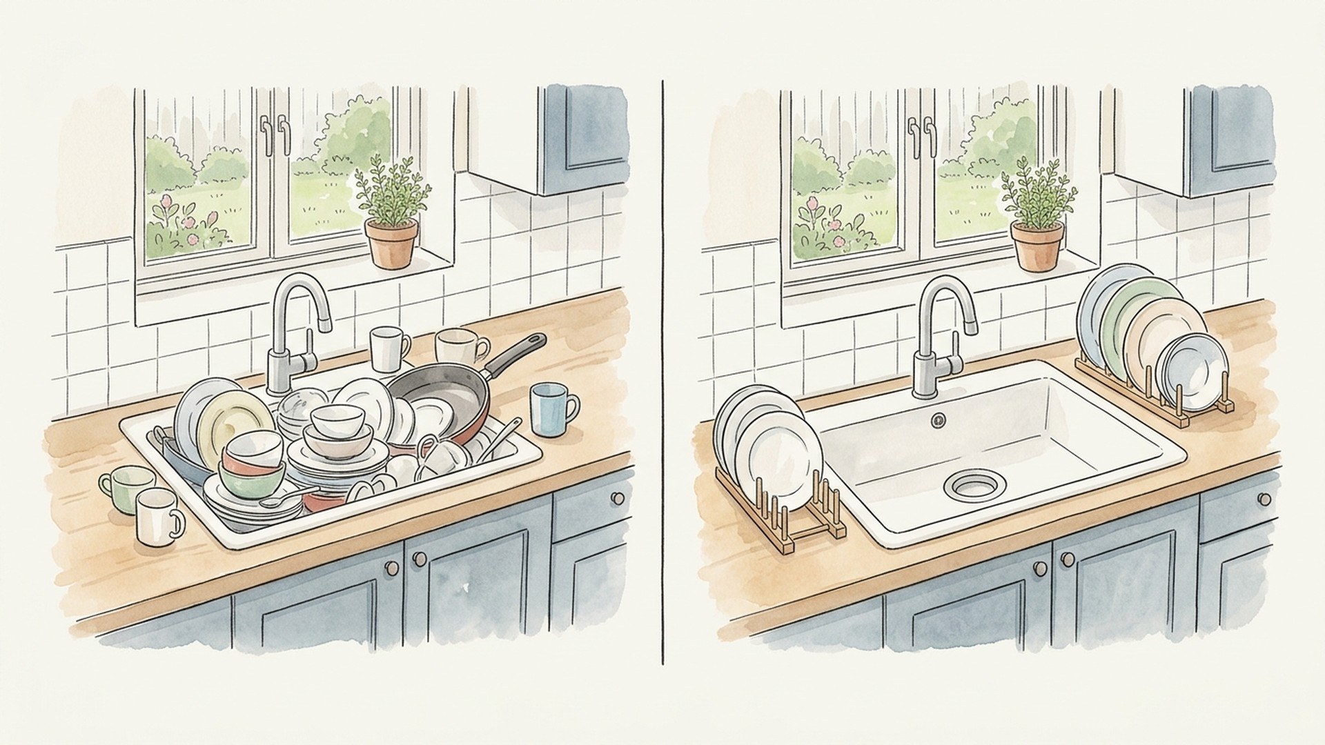 左は食器と調理器具が積み上がったシンク、右は同じシンクを洗い終えて皿が数枚だけ水切りに立ててある状態。同じ台所で洗い物の量だけを変えて並べたところ