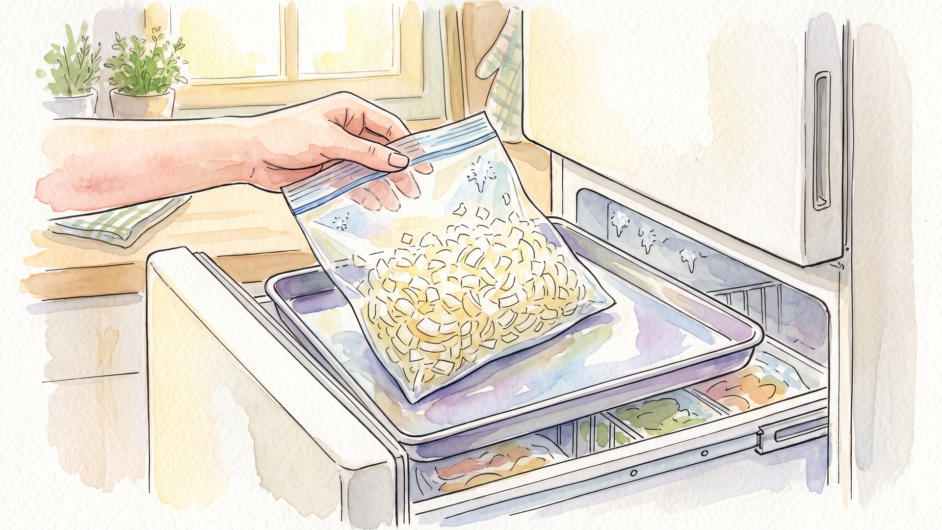みじん切りにした玉ねぎを保存袋に平らにして冷凍庫へ入れるところ