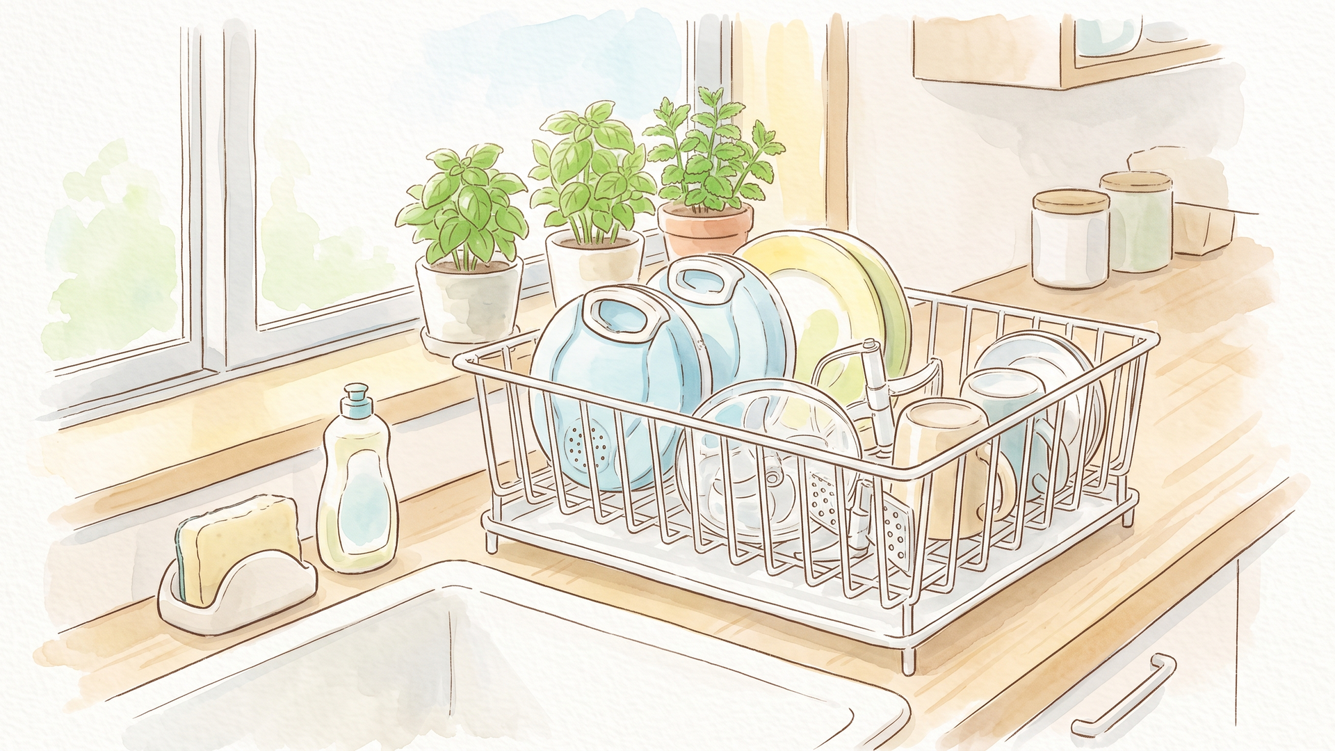 窓辺のシンク横で、洗った食器を水切りかごに伏せて乾かしているところ