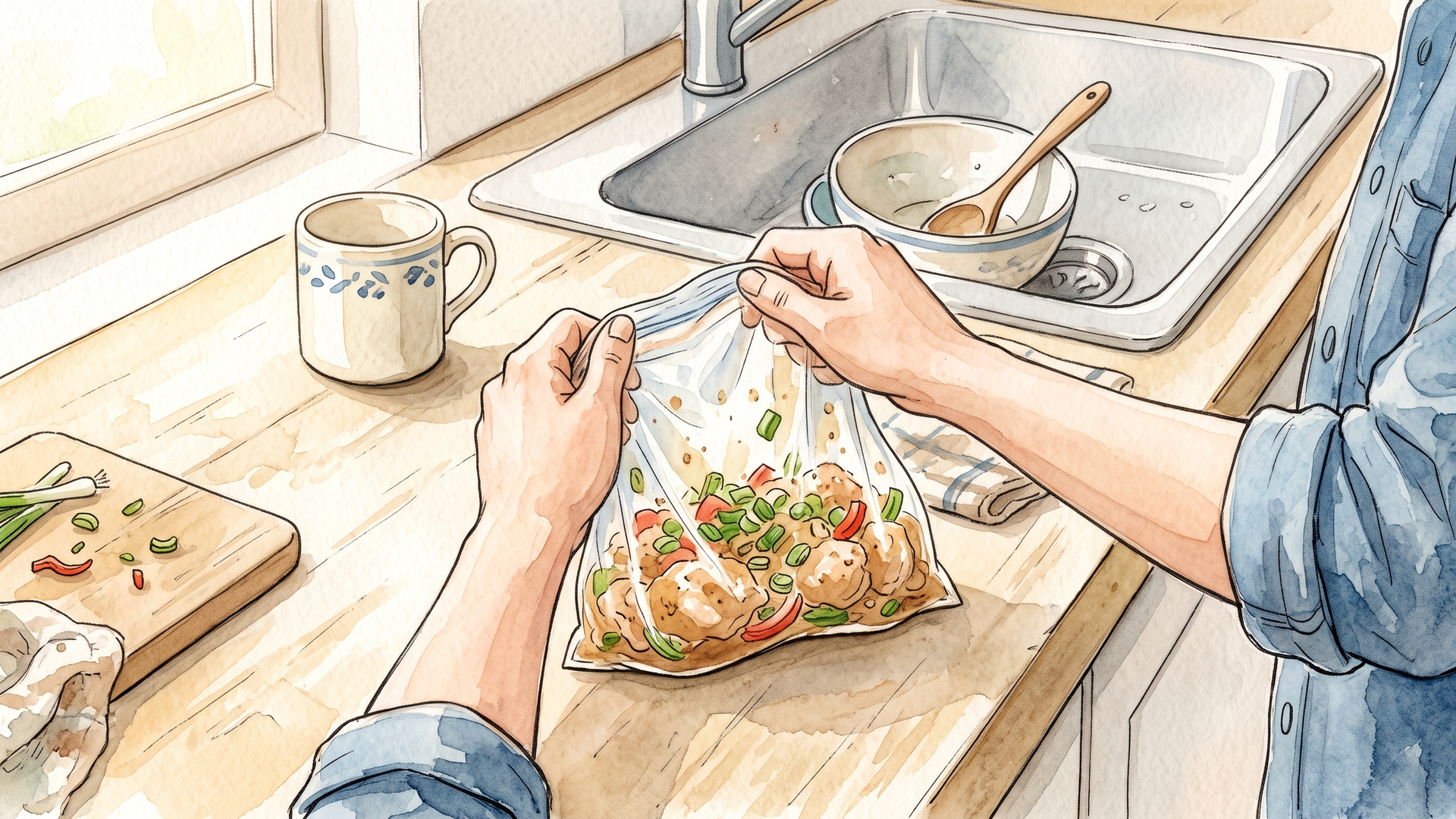 保存袋に入れた炒め物を両手で持ち上げているところ。奥のシンクにはボウルが1つ