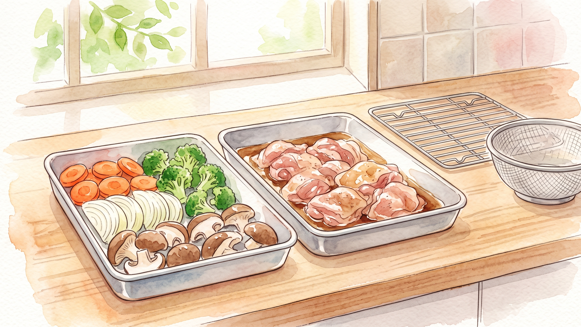 調理台のバットに、切った野菜と下味をつけた鶏肉を分けて並べたところ