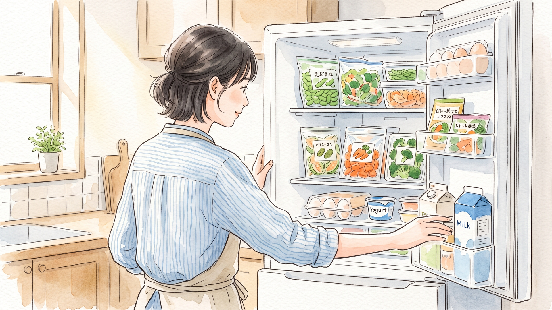 冷蔵庫を開けて、下ごしらえした食材の袋が並んだ棚を見ているところ