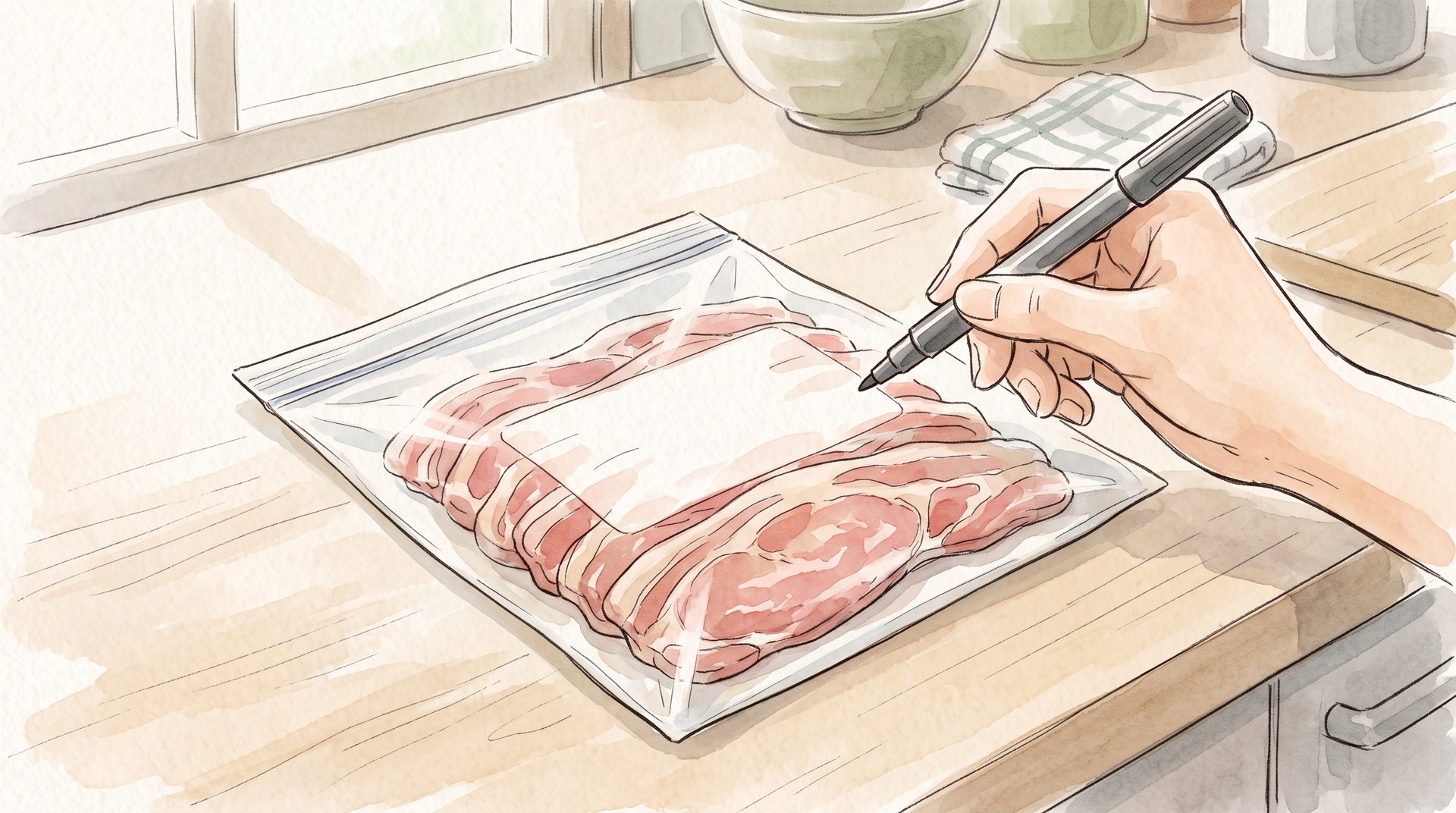 調理台の保存袋に入れた薄切り肉に、ペンで書き込もうとしているところ