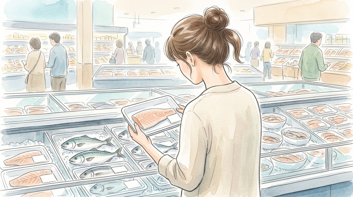 スーパーの鮮魚売り場で、切り身のトレーを両手に持って見下ろしている女性の後ろ姿