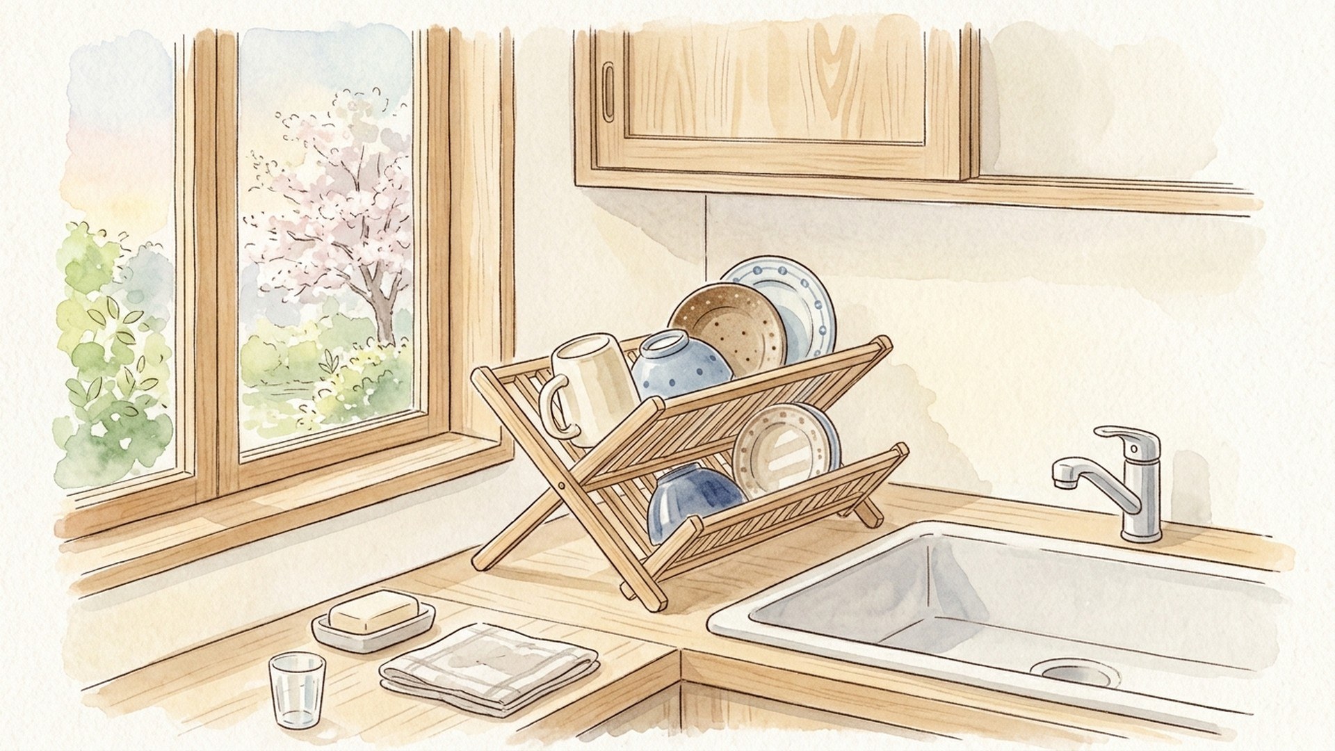 窓辺の明るい台所で、木の水切りラックに茶碗とマグと皿を立てたまま置いてあるところ。シンクは空いている