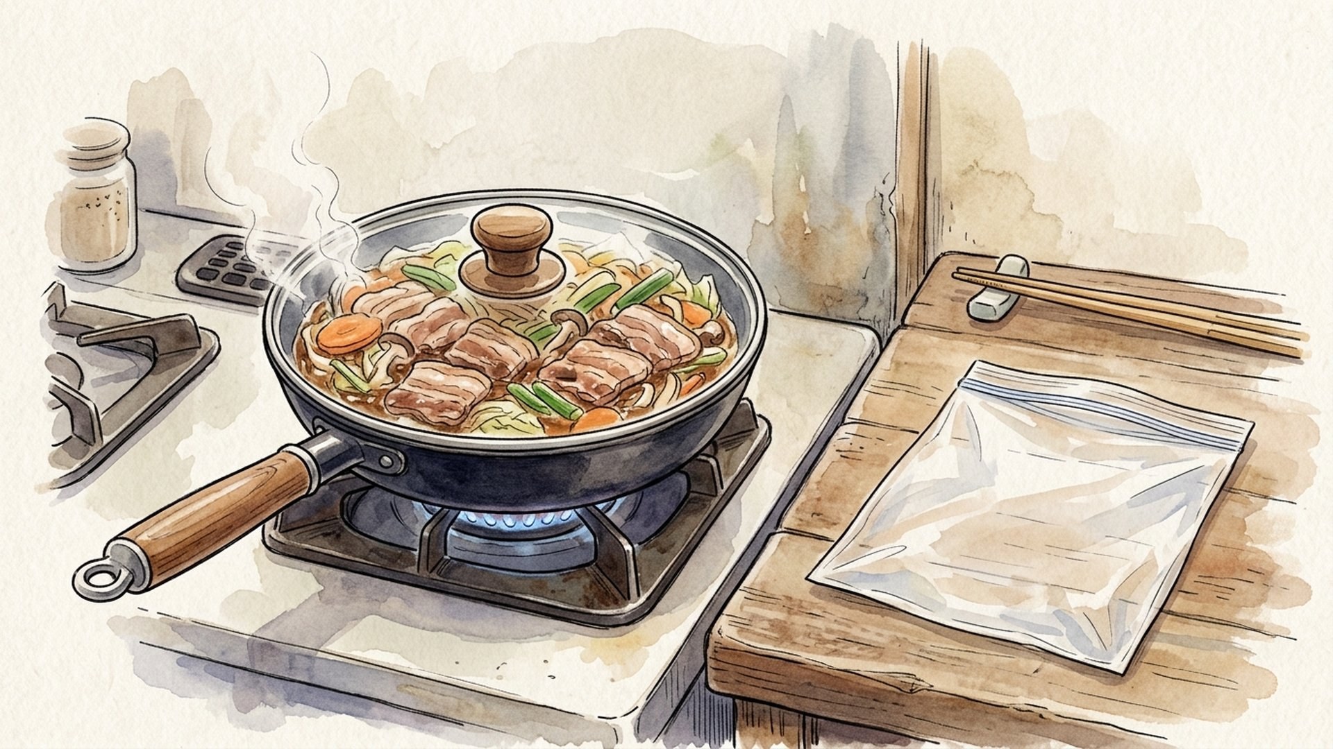 ガスコンロにのせたフライパンにガラスの蓋をして、下味をつけた肉と野菜を弱火で加熱しているところ。炎は小さく、蓋の縁から湯気が少し出ている。隣の台には空になった無地の保存袋