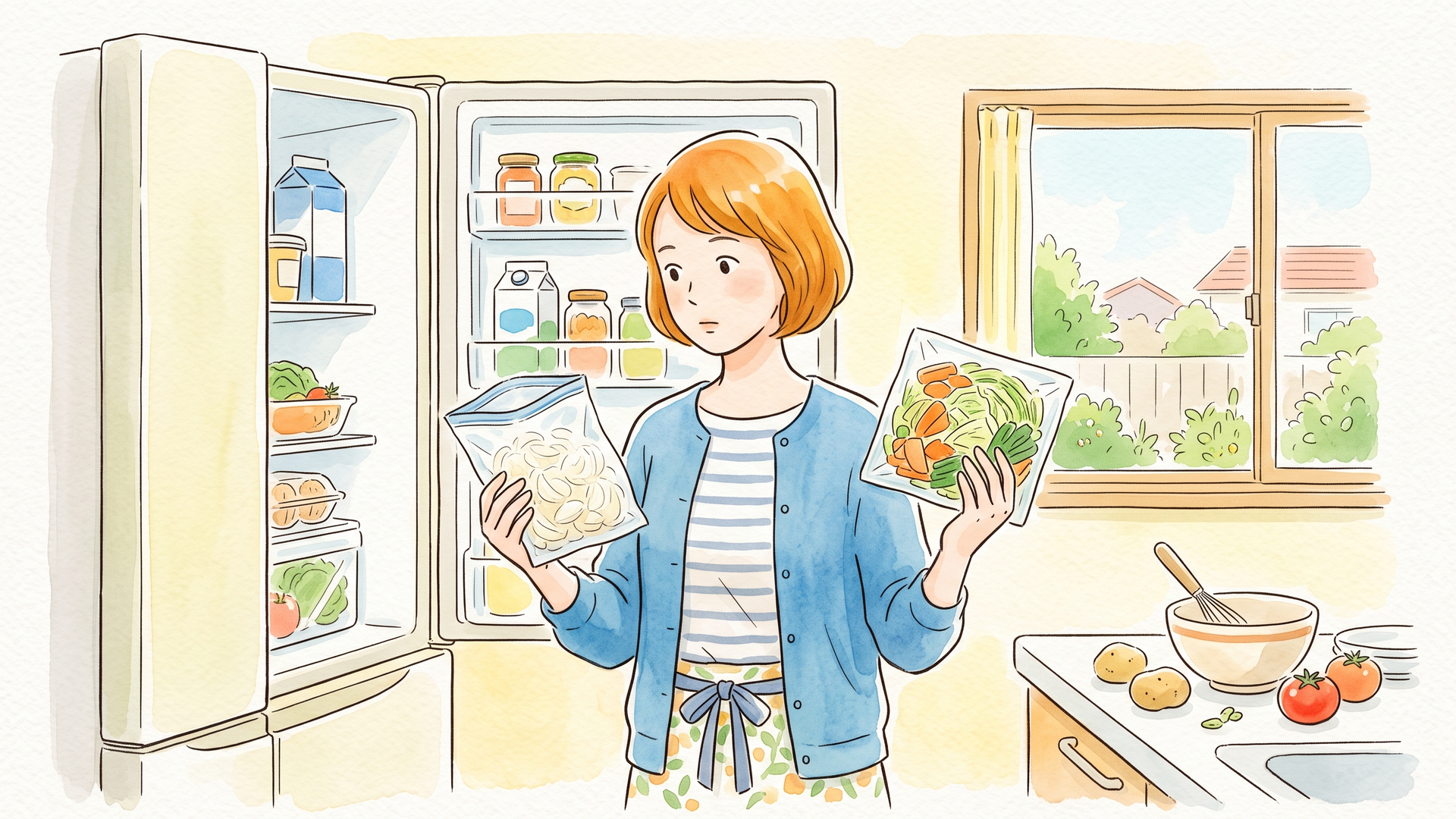 冷蔵庫の前で市販の冷凍食品を見比べているところ