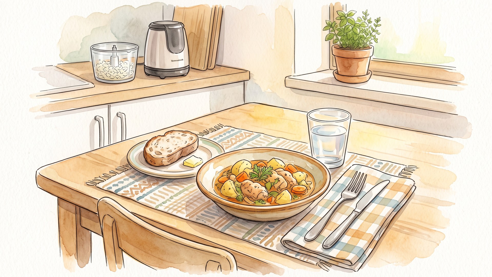 電動チョッパーで作ったおかずが食卓に並んでいるところ
