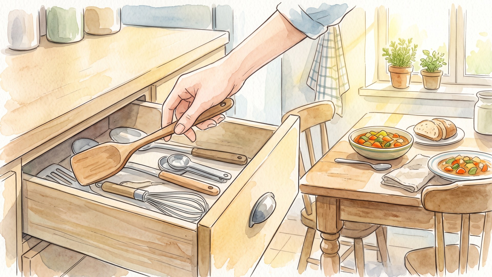 引き出しを開けて、中のキッチングッズから木べらをひとつ取り出している手元。奥の食卓には料理が並んでいる