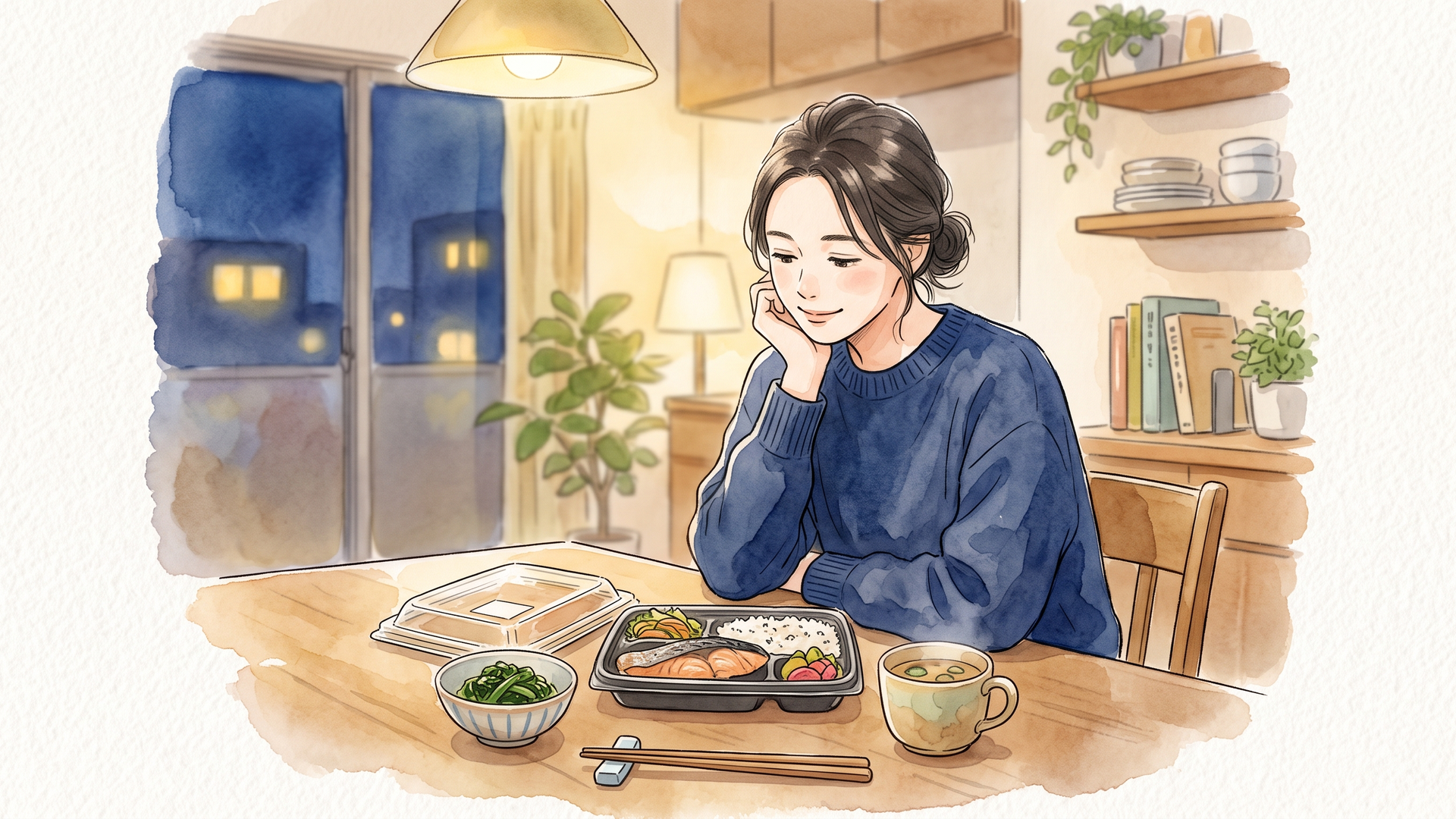 夜、食卓で弁当と汁物を前に頬づえをついている人