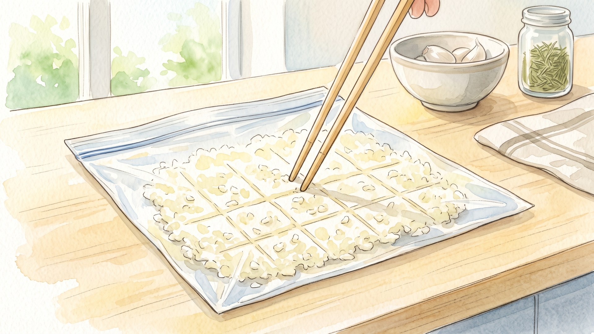 平らに凍らせた刻みにんにくを、保存袋の上から箸で割って取り分けているところ