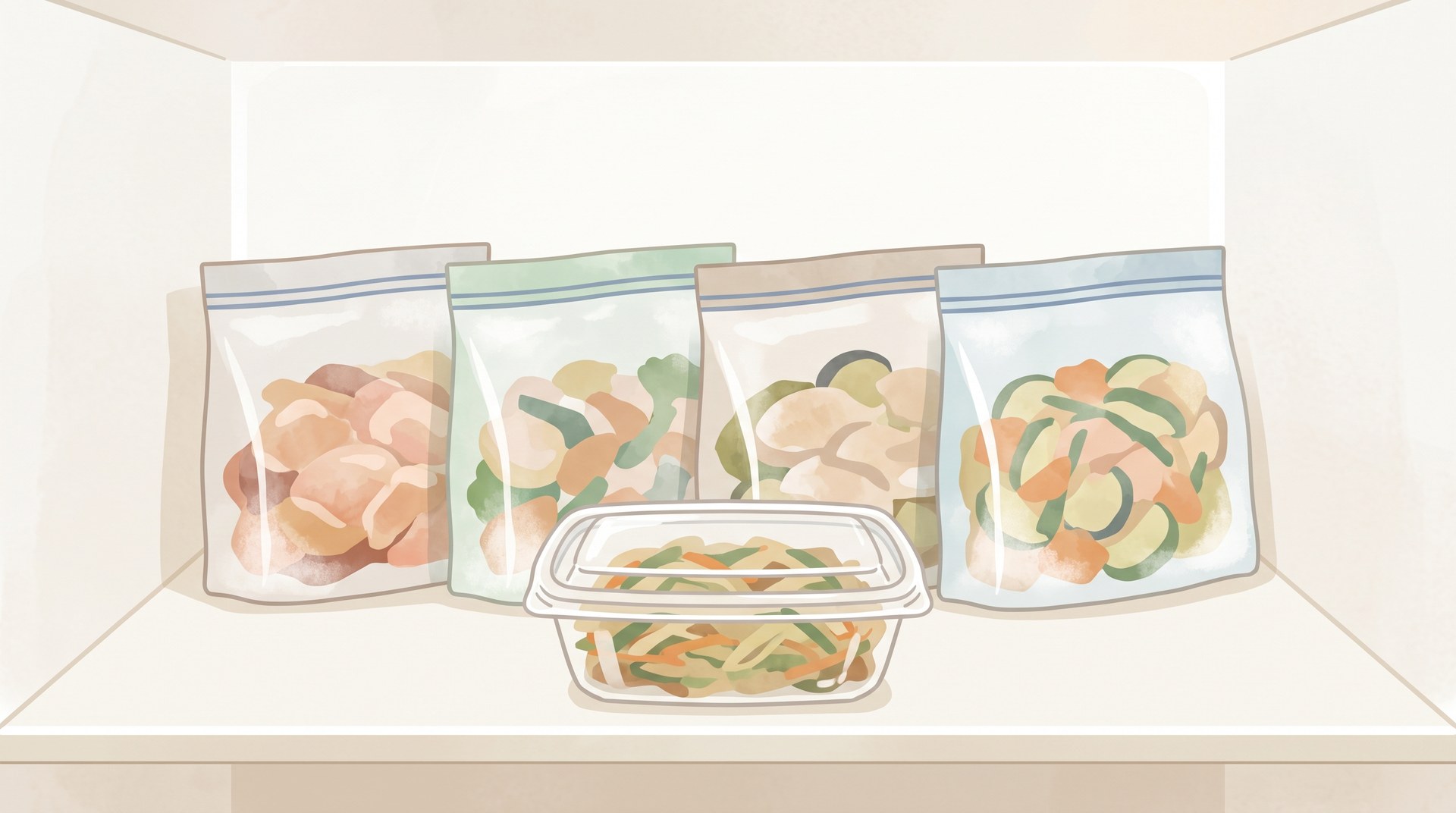 冷蔵庫の棚に、下味をつけた肉や野菜を入れた無地の保存袋が4つ立てて並び、手前に惣菜のパックが1つ置いてあるところ