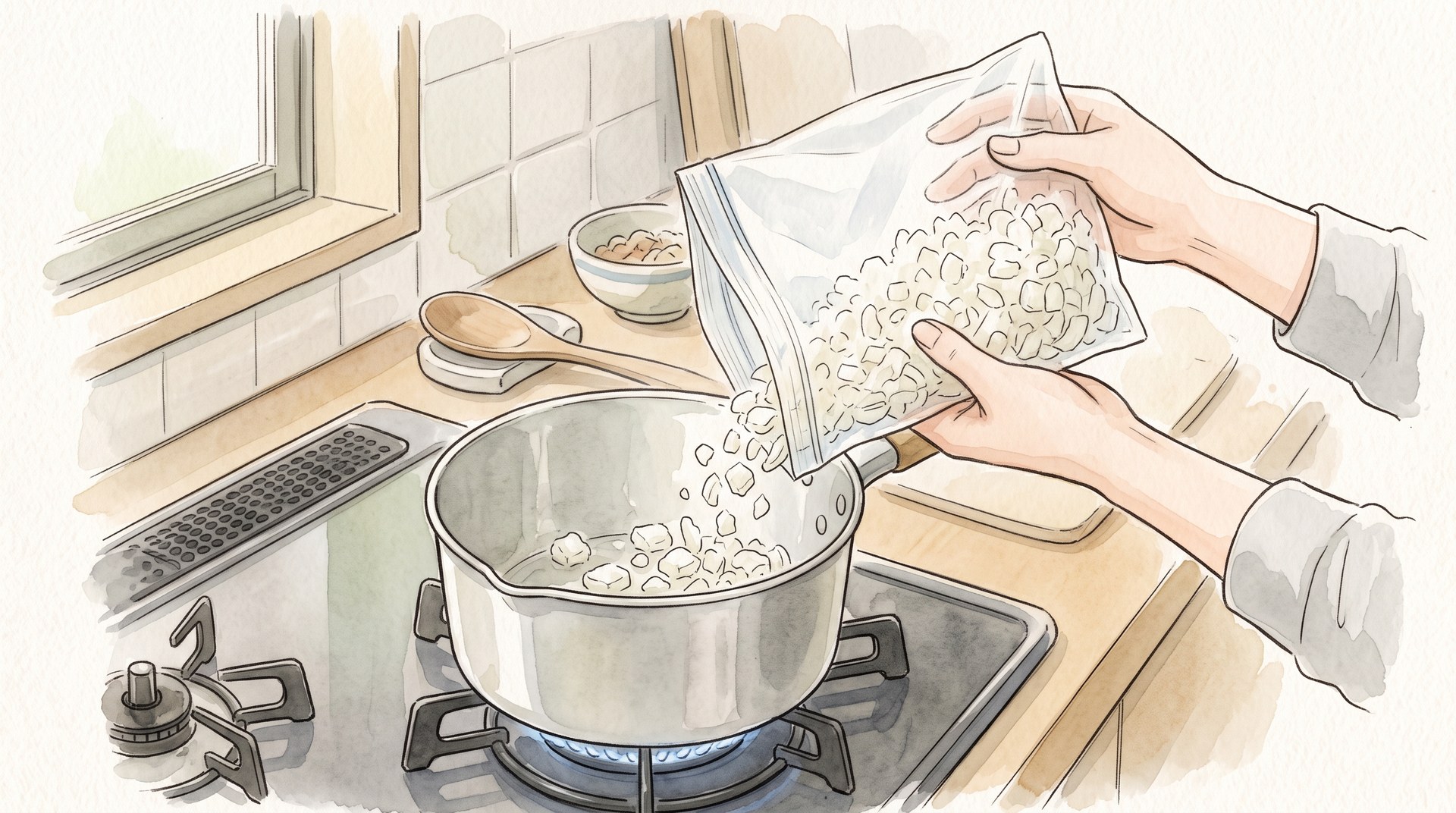 冷凍した刻み玉ねぎを、保存袋からコンロの鍋に入れているところ