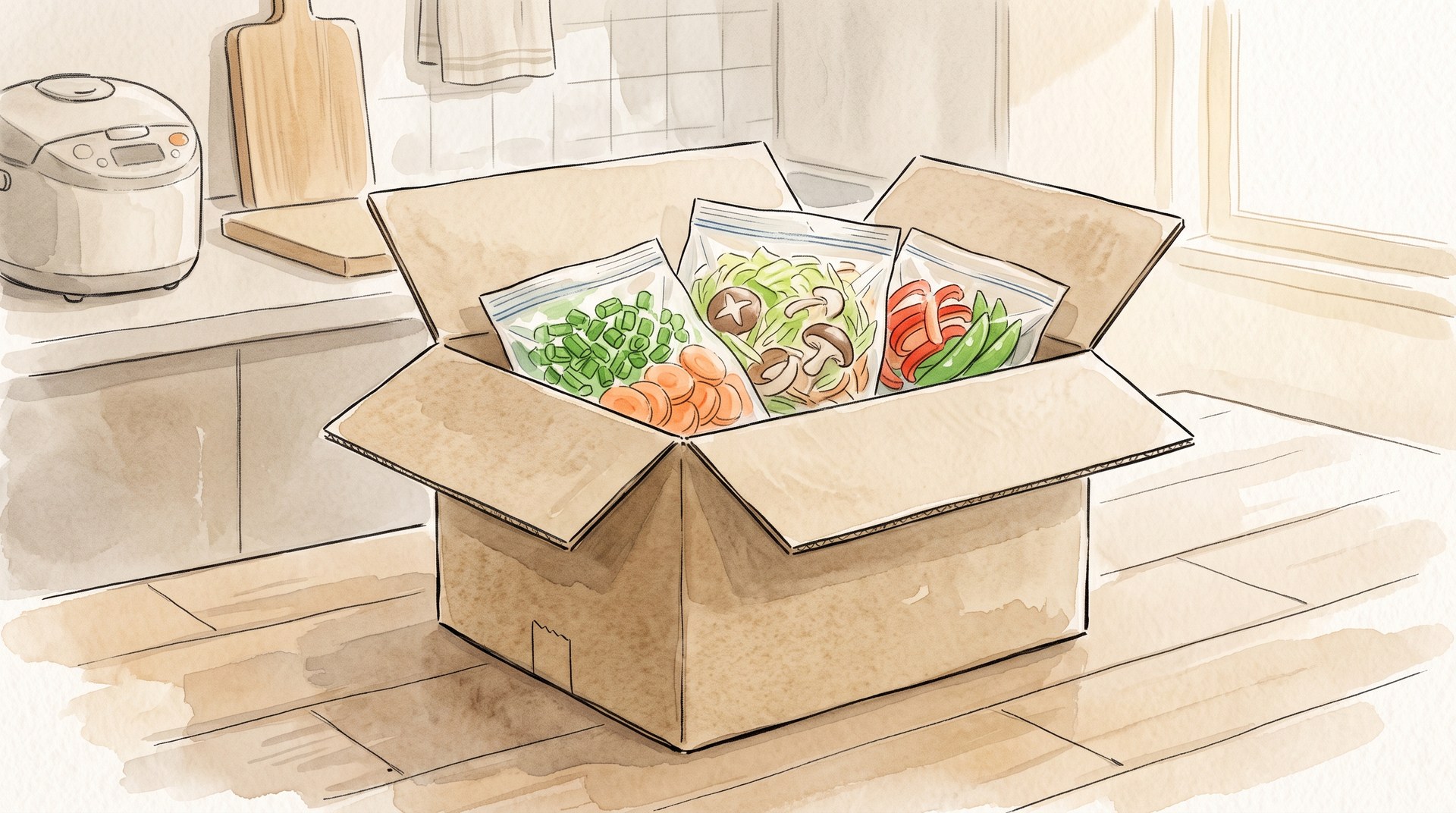 開けた段ボール箱の中に、カット済みの野菜が入った袋が並んでいるところ