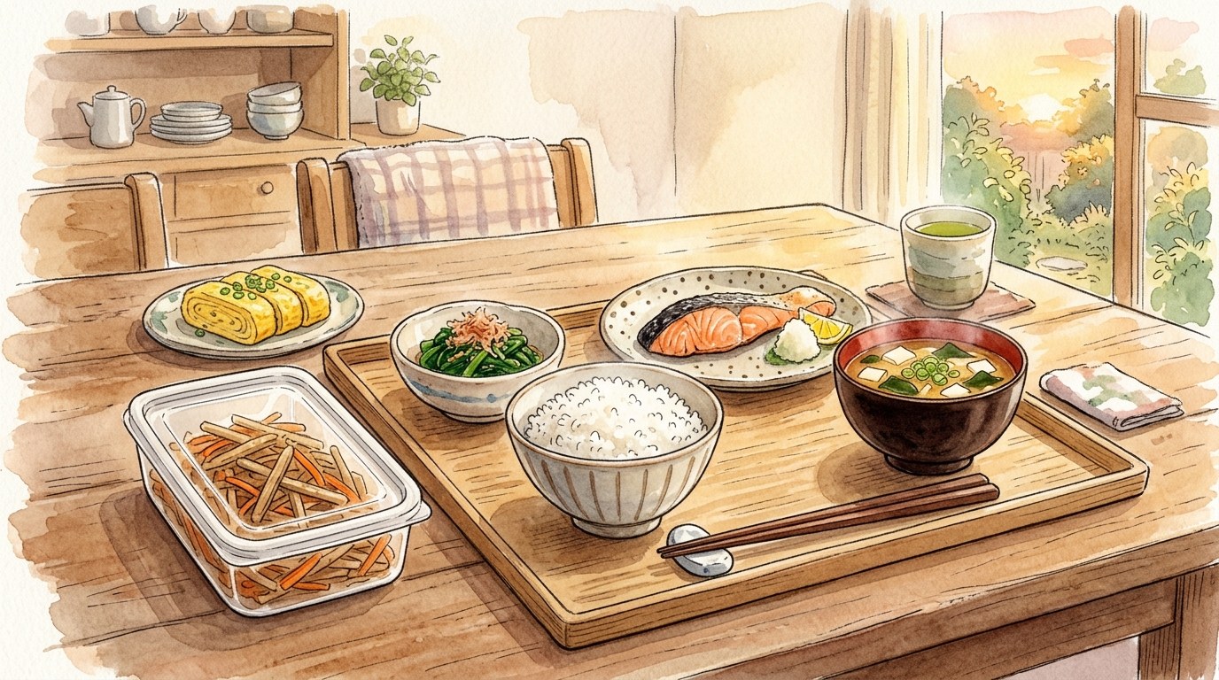 焼き鮭・ごはん・味噌汁・だし巻き卵・青菜のおひたしが並んだ食卓と、脇に置いたふた付きの容器に入ったきんぴら