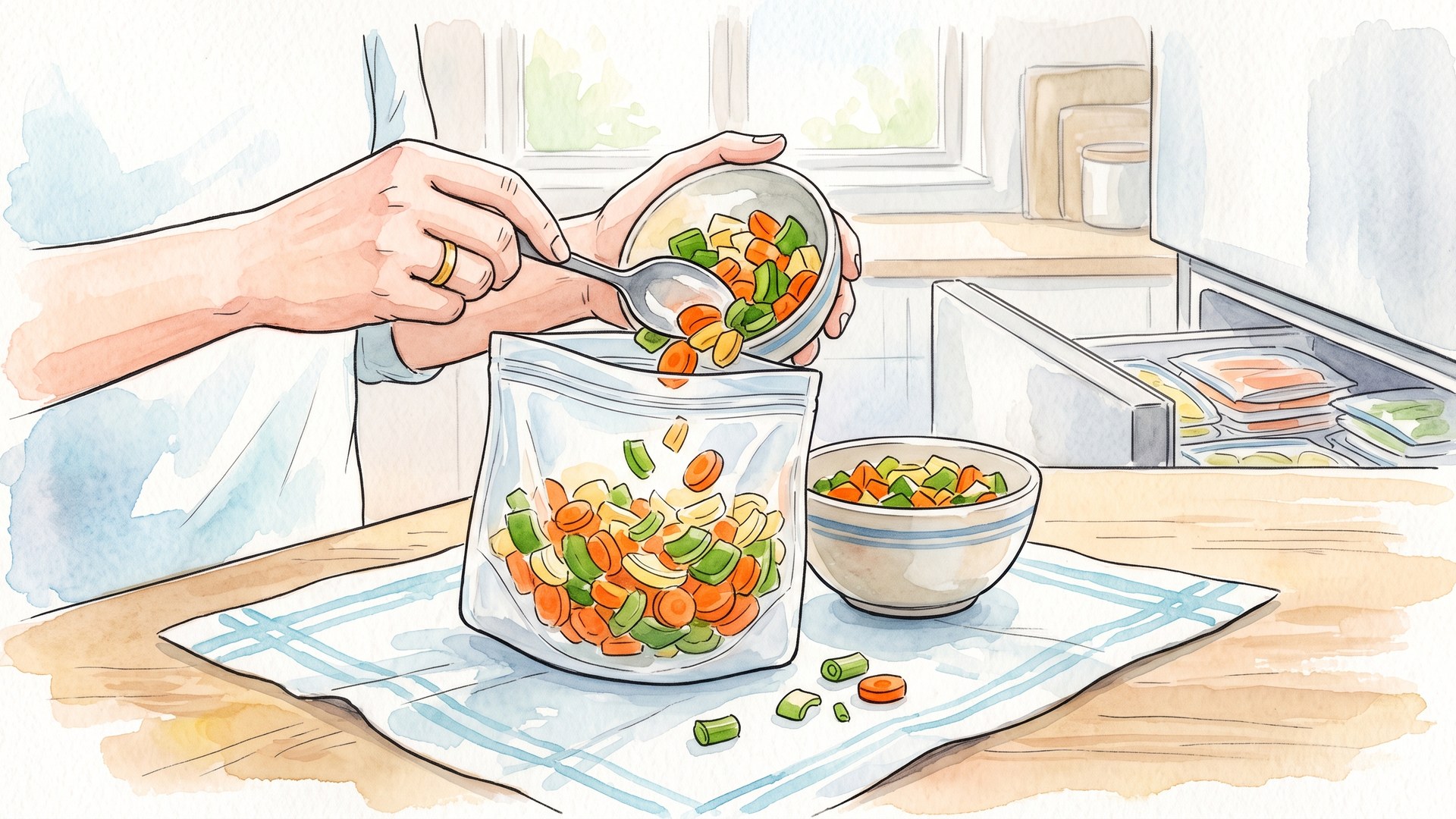 刻んだ野菜をスプーンで保存袋に移しているところ。奥は冷凍庫