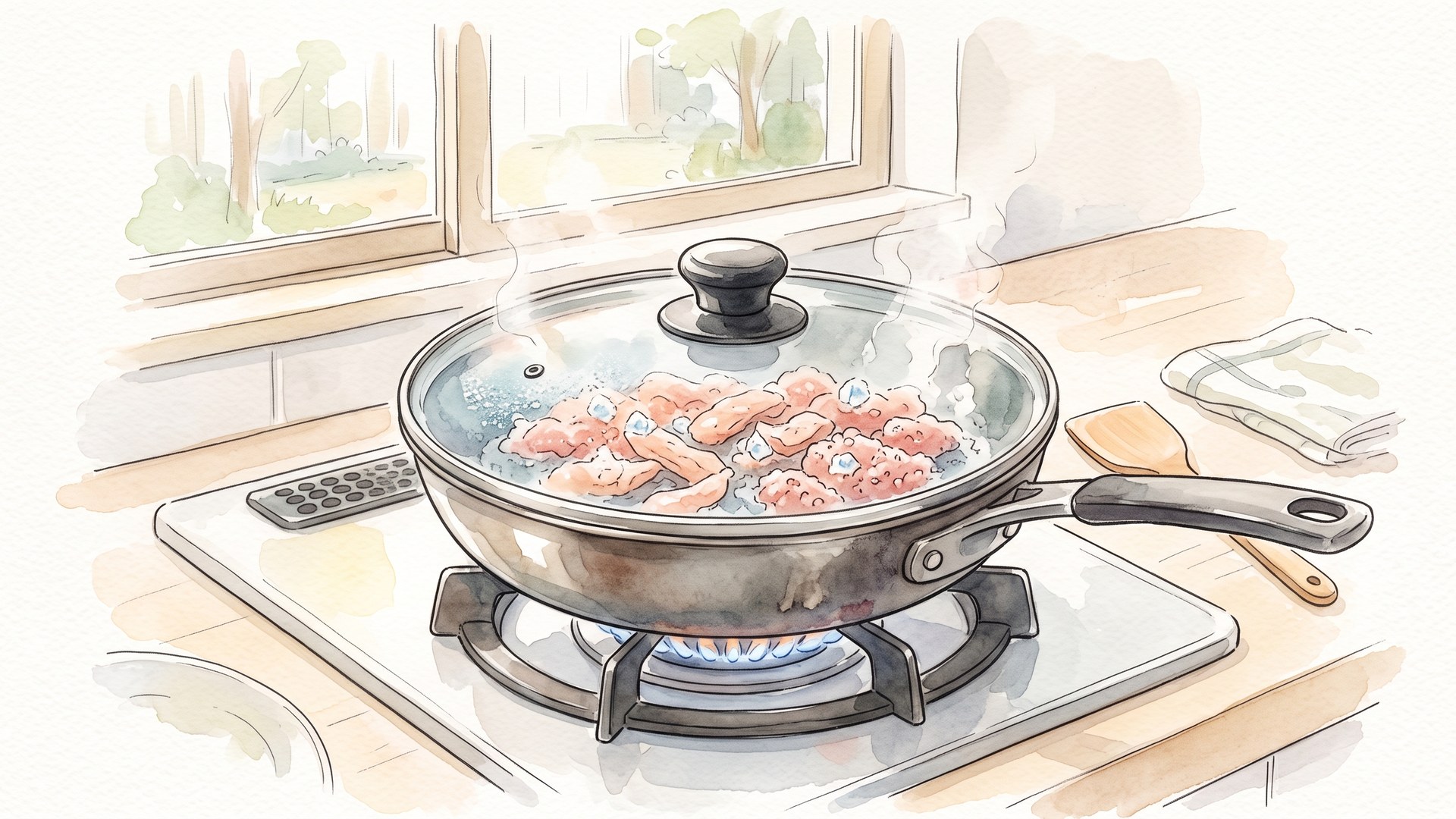凍ったままの肉をフライパンに入れ、ふたをして蒸し焼きにしているところ