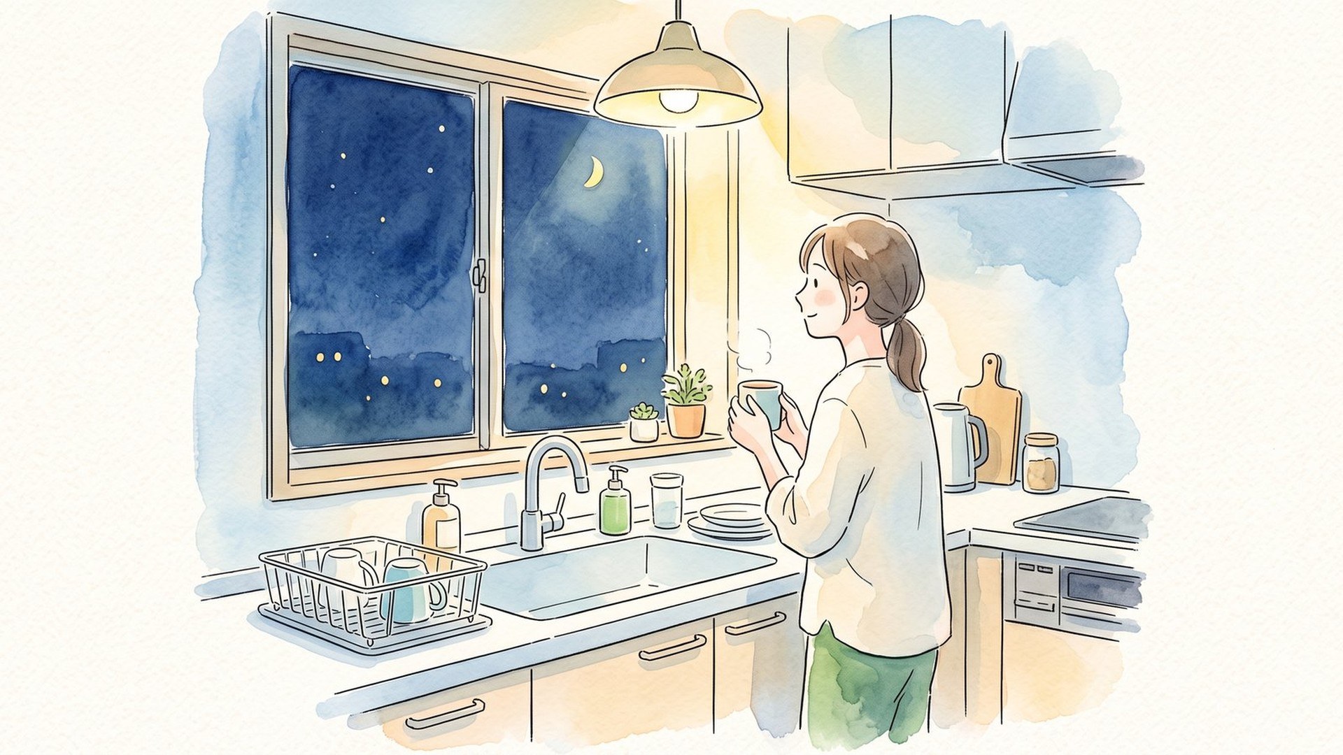夜の台所で、片づいたシンクと水切りかごを前に、マグカップを両手で持って窓のほうを見ている人の横顔