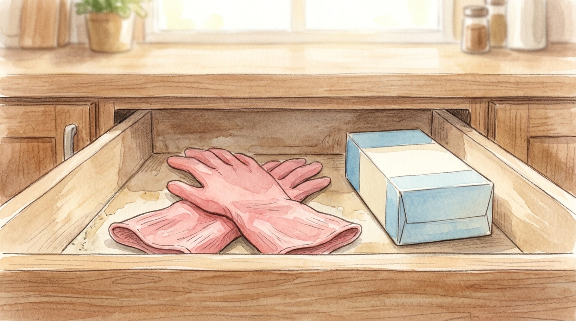 引き出しの中に、ピンクの炊事用ゴム手袋と無地の箱を並べて入れたところ