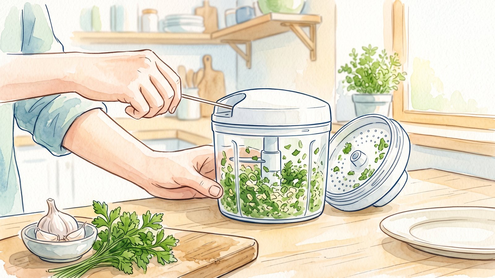ハンディチョッパーに刻んだ野菜を入れ、ふたを開けて中を見ているところ