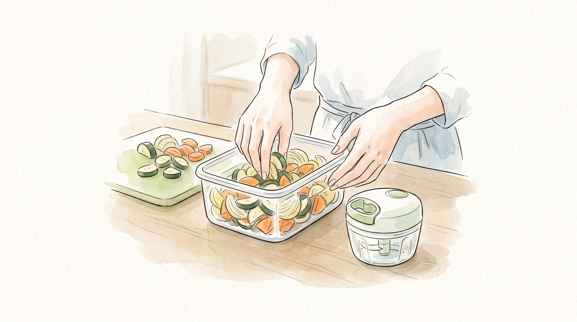 まな板の刻んだ野菜を保存容器に詰めているところ。脇にみじん切り器が置いてある