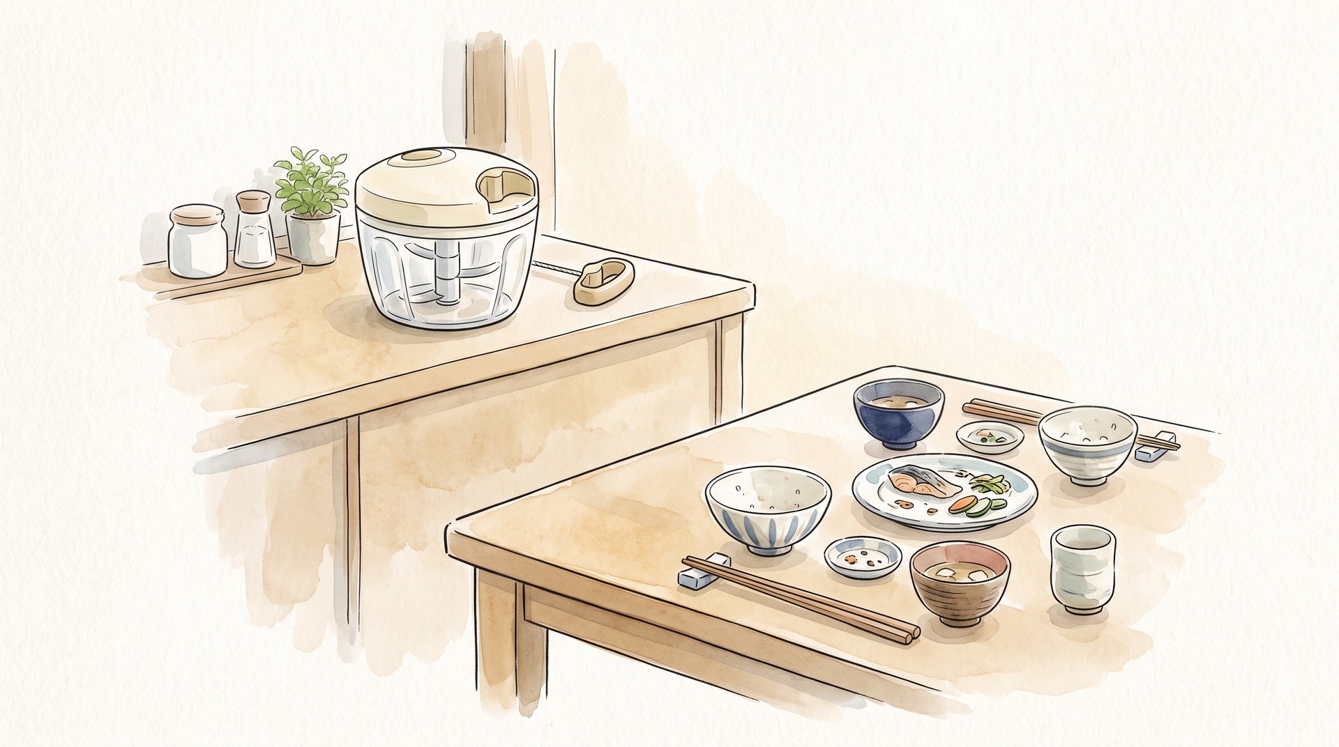 食卓に並んだ夕飯と、奥の調理台に置かれたみじん切りチョッパー